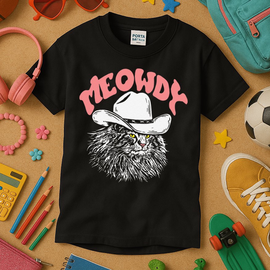 Meowdy! Funny Country Music Cat Cowboy Hat Vintage Funny Kids T-Shirt
