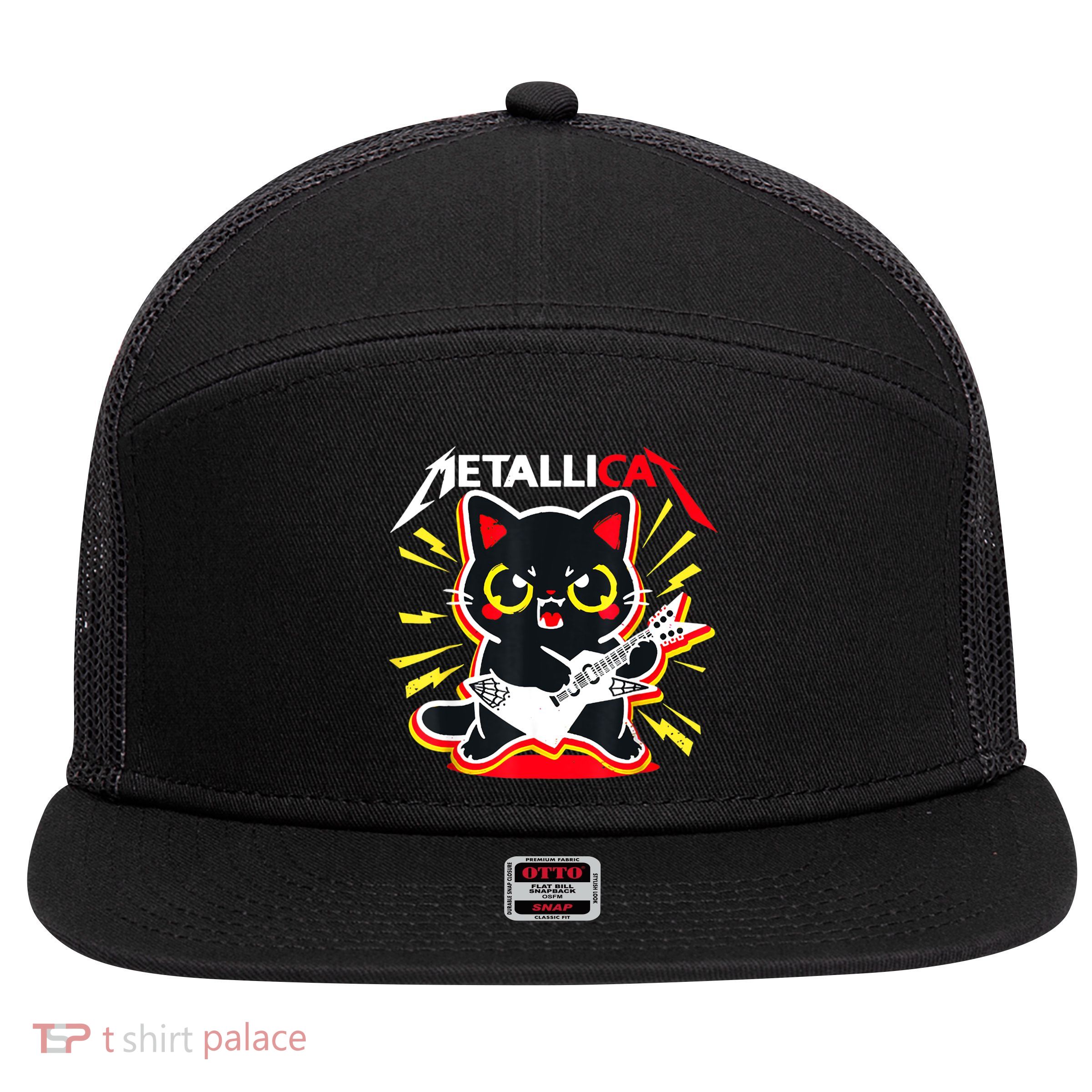 Metallicat Funny Cat Rock 90s Meow For Music Band Of Friend 7 Panel Mesh Trucker Snapback Hat