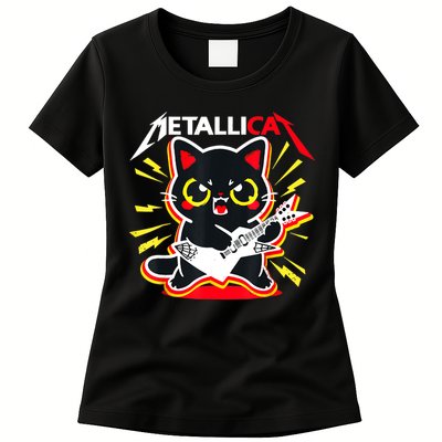 Metallicat Funny Cat Rock 90s Meow For Music Band Of Friend Womens T-Shirt