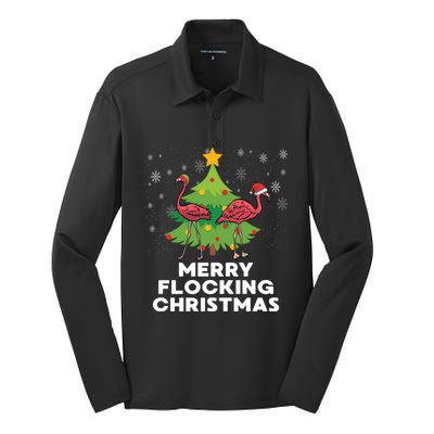 Merry Flocking Christmas Funny Xmas Flamingo Wading Bird Gift Silk Touch Performance Long Sleeve Polo