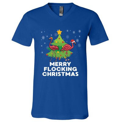 Merry Flocking Christmas Funny Xmas Flamingo Wading Bird Gift V-Neck T-Shirt