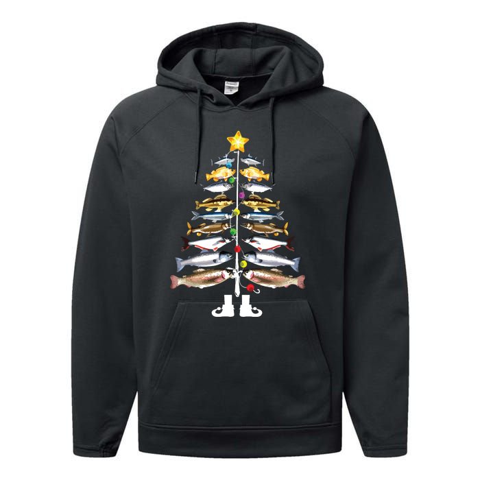 Merry Fishmas Christmas Tree Funny Fishing Performance Fleece Hoodie