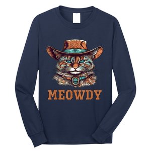 Meowdy Funny Cat Graphic Western Cowboy Cat Meow Howdy Long Sleeve Shirt