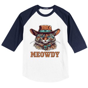 Meowdy Funny Cat Graphic Western Cowboy Cat Meow Howdy Baseball Sleeve Shirt