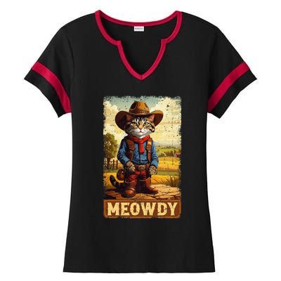 Meowdy Funny Country Side Cat Hat Vintage Cowboy Cat Ladies Halftime Notch Neck Tee