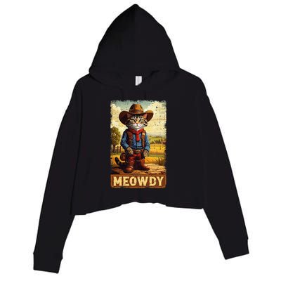 Meowdy Funny Country Side Cat Hat Vintage Cowboy Cat Crop Fleece Hoodie