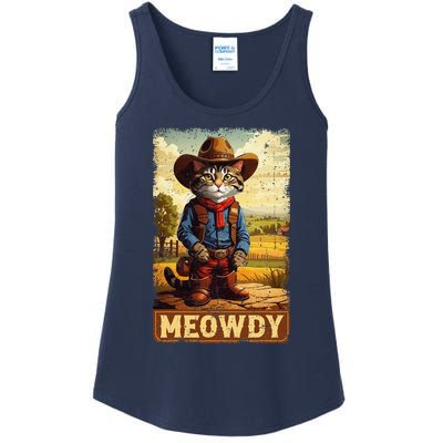 Meowdy Funny Country Side Cat Hat Vintage Cowboy Cat Ladies Essential Tank