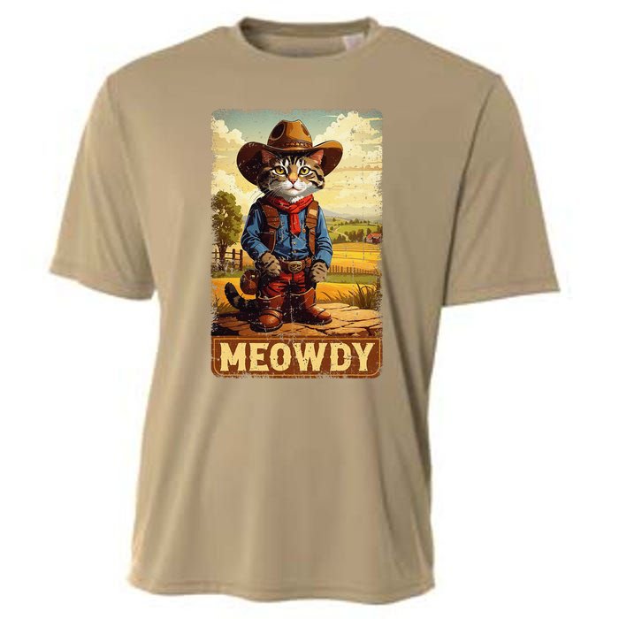 Meowdy Funny Country Side Cat Hat Vintage Cowboy Cat Cooling Performance Crew T-Shirt