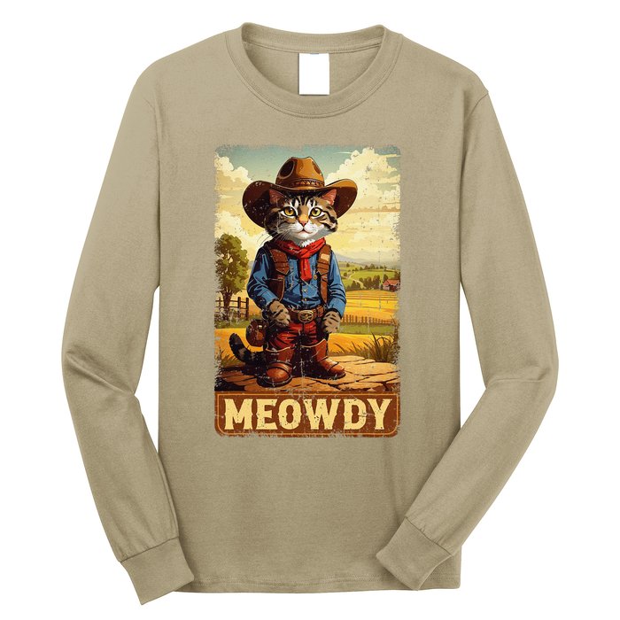 Meowdy Funny Country Side Cat Hat Vintage Cowboy Cat Long Sleeve Shirt