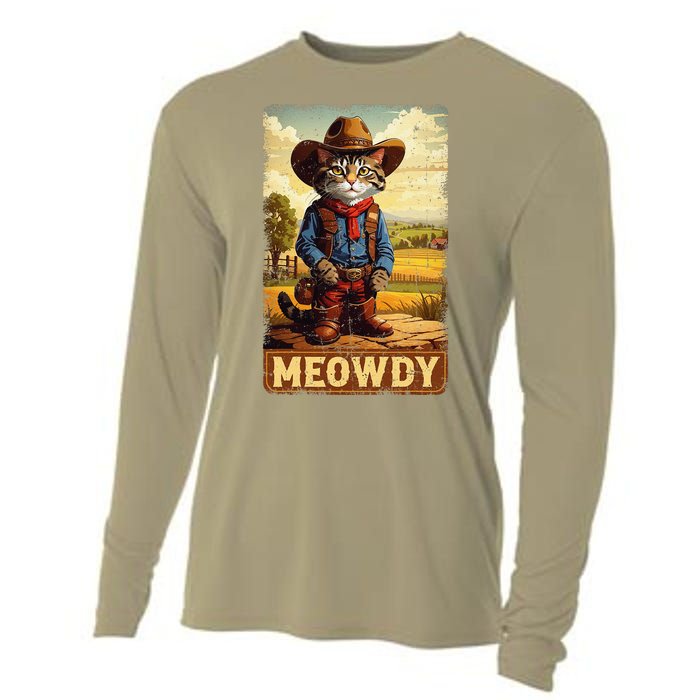 Meowdy Funny Country Side Cat Hat Vintage Cowboy Cat Cooling Performance Long Sleeve Crew