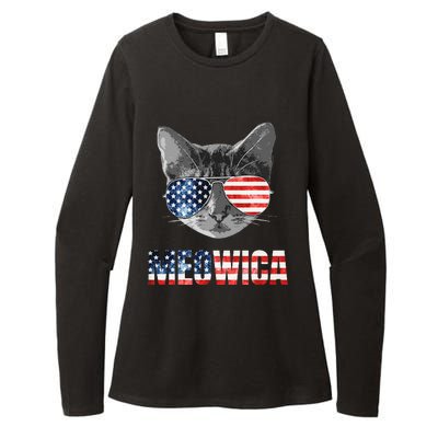 Meowica Funny Cat Patriotic USA American Flag Womens CVC Long Sleeve Shirt