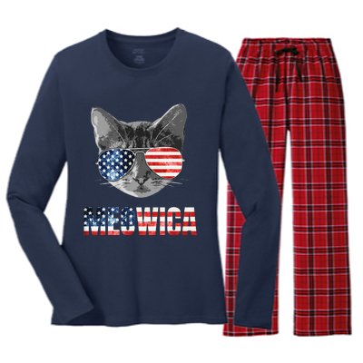 Meowica Funny Cat Patriotic USA American Flag Women's Long Sleeve Flannel Pajama Set 