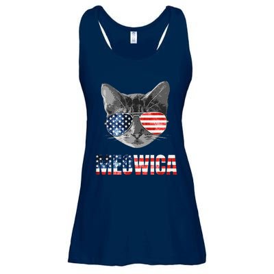 Meowica Funny Cat Patriotic USA American Flag Ladies Essential Flowy Tank