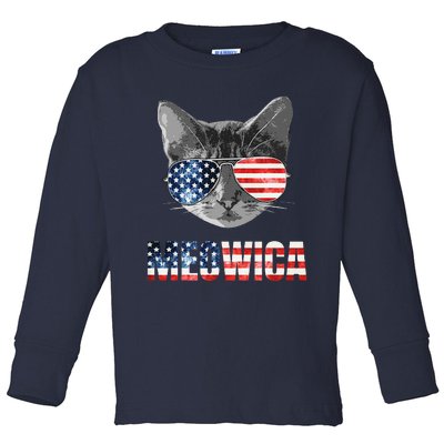 Meowica Funny Cat Patriotic USA American Flag Toddler Long Sleeve Shirt