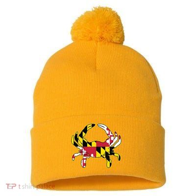 Maryland Flag Crab Design With Md Flag Colors Overlay Pom Pom 12in Knit Beanie