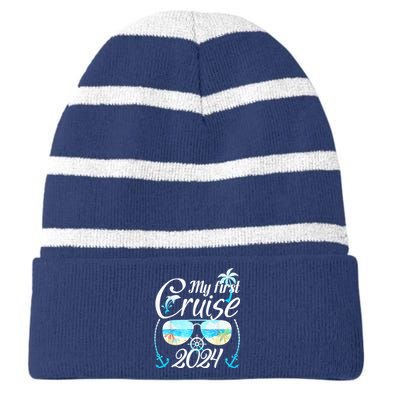 My First Cruise 2024 Tee Family Vacation Cruise Ship Travel Striped Beanie with Solid Band