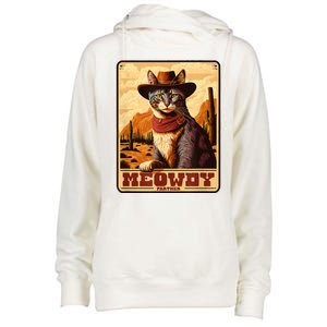 Meowdy! Funny Country Music Cat Cowboy Hat Wanted Poster Womens Funnel Neck Pullover Hood