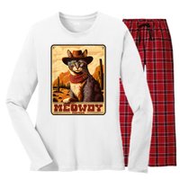 Meowdy! Funny Country Music Cat Cowboy Hat Wanted Poster Women's Long Sleeve Flannel Pajama Set 