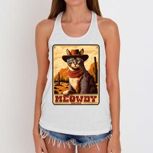 Meowdy! Funny Country Music Cat Cowboy Hat Wanted Poster Women's Knotted Racerback Tank