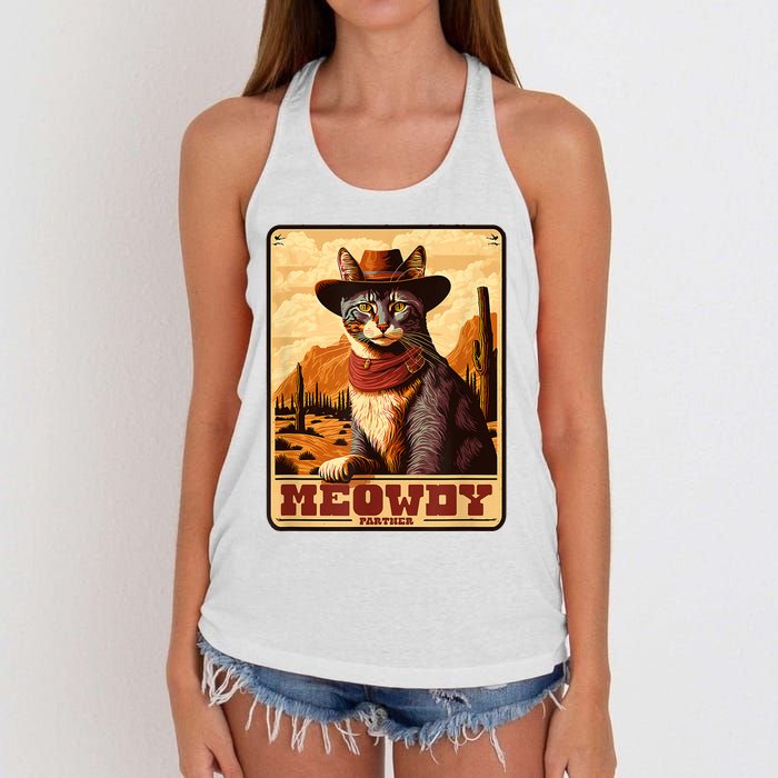 Meowdy! Funny Country Music Cat Cowboy Hat Wanted Poster Women's Knotted Racerback Tank