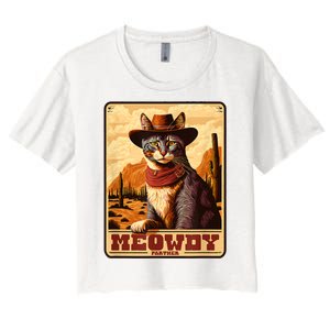 Meowdy! Funny Country Music Cat Cowboy Hat Wanted Poster Women's Crop Top Tee