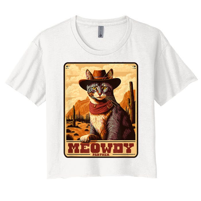 Meowdy! Funny Country Music Cat Cowboy Hat Wanted Poster Women's Crop Top Tee