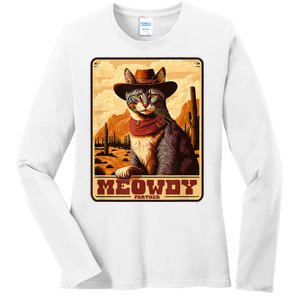 Meowdy! Funny Country Music Cat Cowboy Hat Wanted Poster Ladies Long Sleeve Shirt