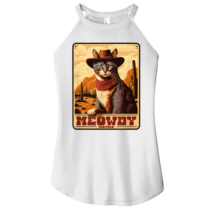 Meowdy! Funny Country Music Cat Cowboy Hat Wanted Poster Women's Perfect Tri Rocker Tank