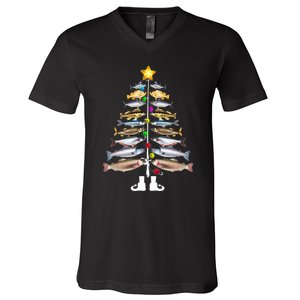 Merry Fishmas Christmas Tree Funny Fishing V-Neck T-Shirt