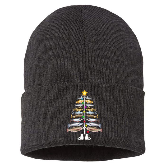 Merry Fishmas Christmas Tree Funny Fishing Sustainable Knit Beanie