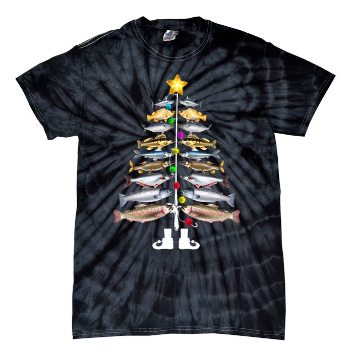 Merry Fishmas Christmas Tree Funny Fishing Tie-Dye T-Shirt