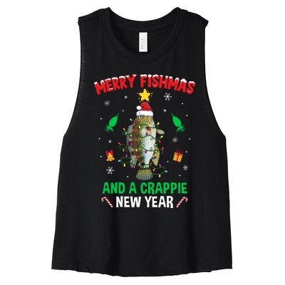 Merry Fishmas Crappie Christmas Tree Fishing Funny Xmas Women's Racerback Cropped Tank