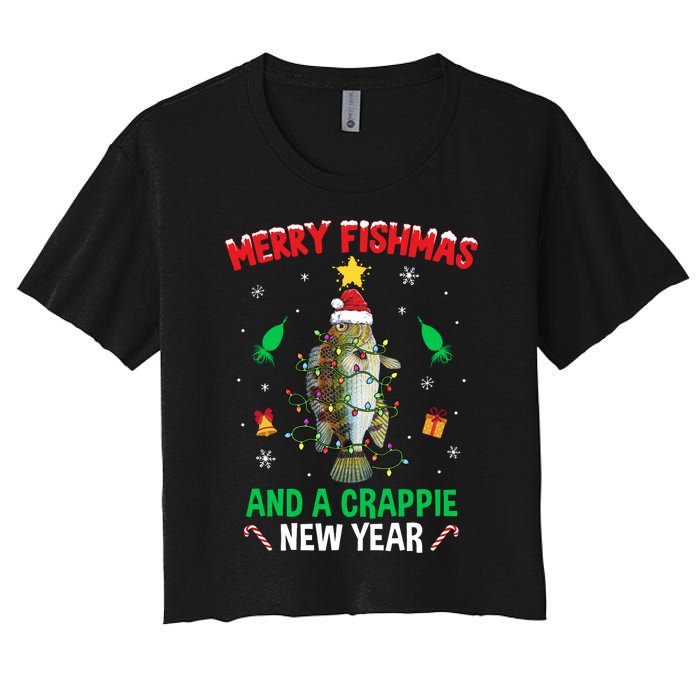 Merry Fishmas Crappie Christmas Tree Fishing Funny Xmas Women's Crop Top Tee