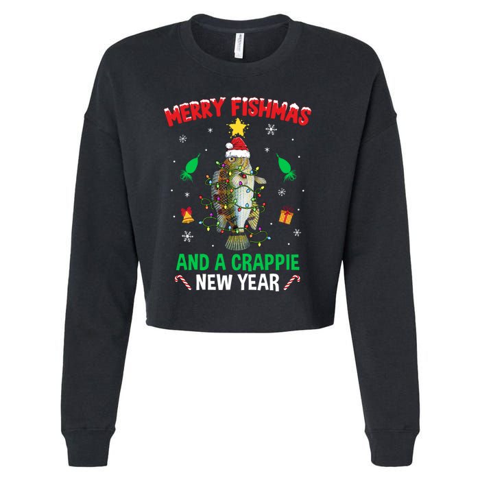 Merry Fishmas Crappie Christmas Tree Fishing Funny Xmas Cropped Pullover Crew