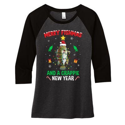 Merry Fishmas Crappie Christmas Tree Fishing Funny Xmas Women's Tri-Blend 3/4-Sleeve Raglan Shirt