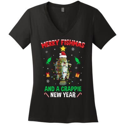 Merry Fishmas Crappie Christmas Tree Fishing Funny Xmas Women's V-Neck T-Shirt