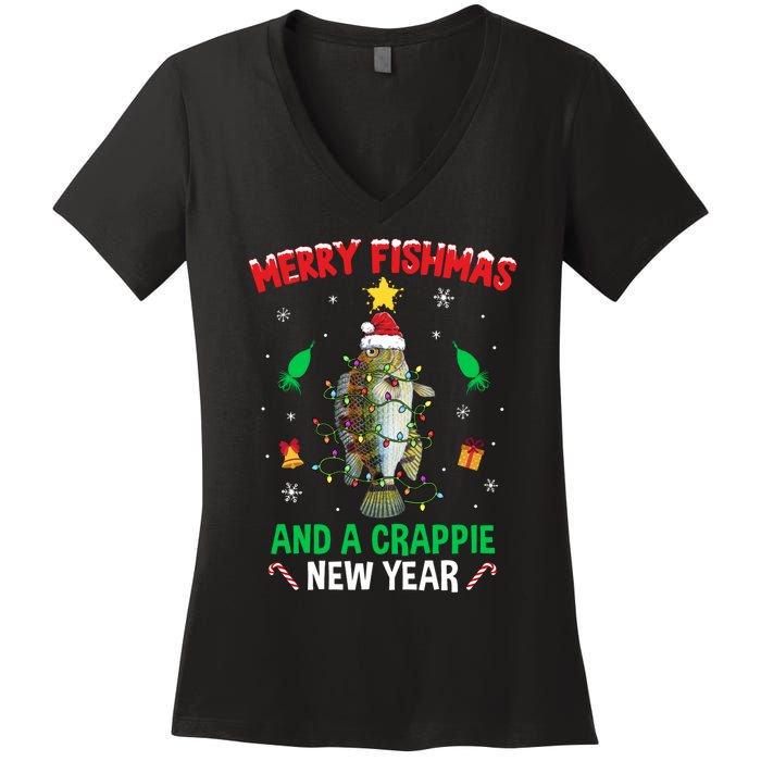 Merry Fishmas Crappie Christmas Tree Fishing Funny Xmas Women's V-Neck T-Shirt