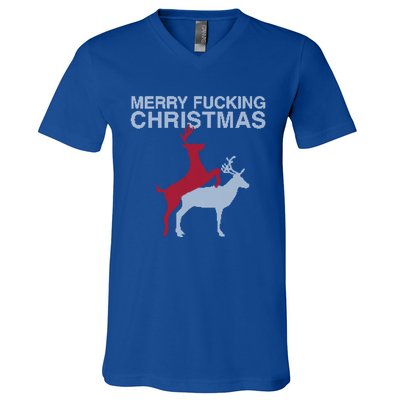 Merry Fucking Christmas! Obscene Ficking Reindeer Gift Fun Gift V-Neck T-Shirt