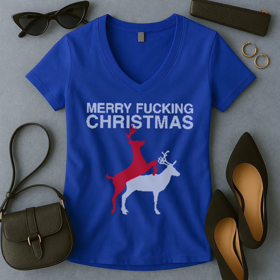Merry Fucking Christmas! Obscene Ficking Reindeer Gift Fun Gift Women's V-Neck T-Shirt
