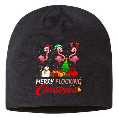 Merry Flocking Christmas Flamingo In Santa Hat Long Sleeve Sustainable Beanie