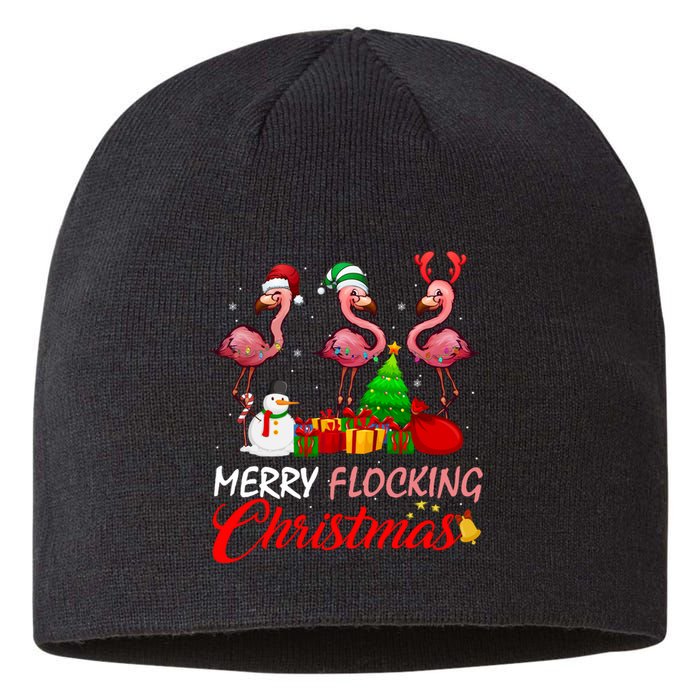 Merry Flocking Christmas Flamingo In Santa Hat Long Sleeve Sustainable Beanie