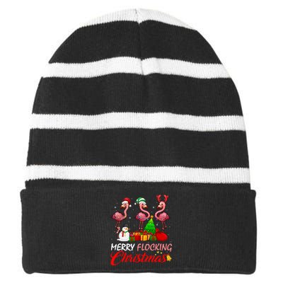 Merry Flocking Christmas Flamingo In Santa Hat Long Sleeve Striped Beanie with Solid Band