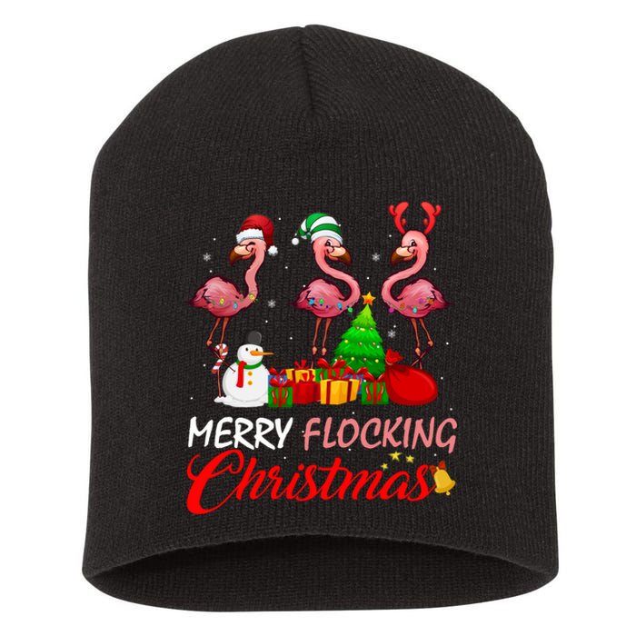 Merry Flocking Christmas Flamingo In Santa Hat Long Sleeve Short Acrylic Beanie