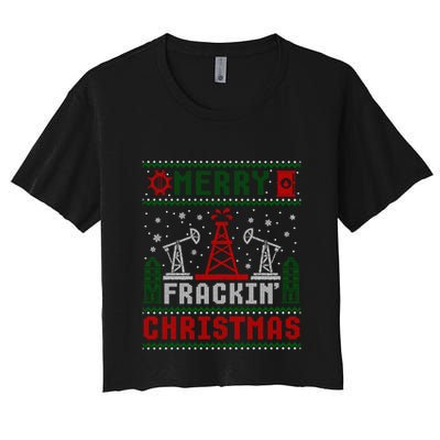 Merry Fracking Christmas Funny Oilfield Ugly Xmas Long Sleeve Crop Top