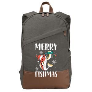 Merry Fishmas Christmas Funny Fishing Fish Santa Snow Cute Gift Cotton Canvas Backpack