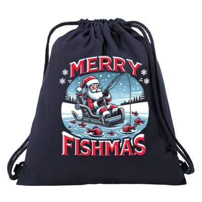 Merry Fishmas Christmas Funny Fishing Gift Drawstring Bag