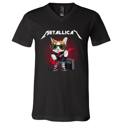 Metallicat Funny Cat Rock 90s Meow For Music Band Of Friend V-Neck T-Shirt