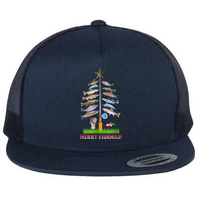 Merry Fishmas Christmas Tree Funny Gift Flat Bill Trucker Hat