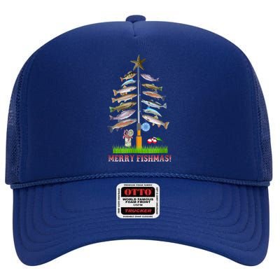 Merry Fishmas Christmas Tree Funny Gift High Crown Mesh Back Trucker Hat