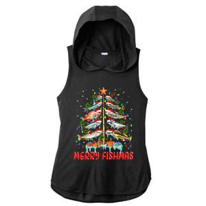 Merry Fishmas Christmas Tree Lights Fish Funny Fishing Cool Gift Ladies PosiCharge Tri-Blend Wicking Draft Hoodie Tank